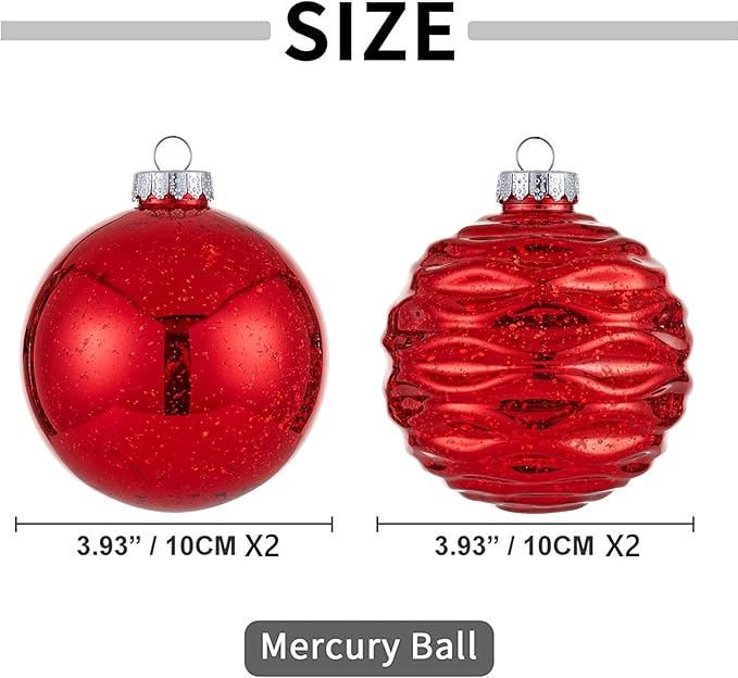 Large Christmas Ball Ornaments, Oversized Shatterproof Plastic Decorative Hanging Mercury Ornaments Ball for Xmas Holiday Party Decorations (Red, 4.0")