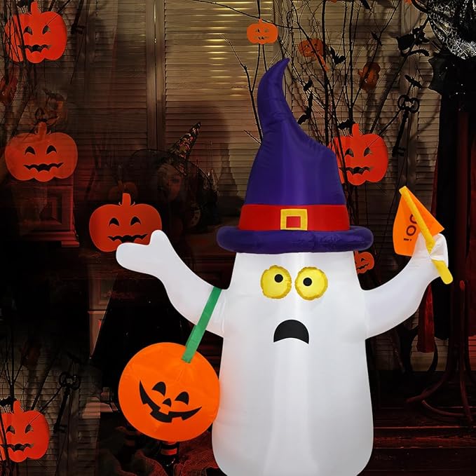 Halloween Blow up Inflatable Ghost Hold JackoLantern Decoration-Lighted Blow-Up for Home Yard Garden Indoor and Outdoor Decoration with Built in Fan and Anchor Ropes (Ghost with Boo Flag)
