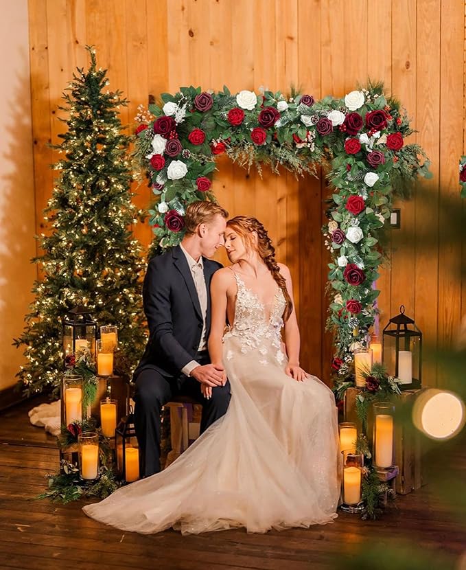 Christmas Artificial Flowers Red Burgundy Roses Bouquet for DIY Xmas Wreath Bridal Wedding Shower Decorations Party Table Centerpieces Fake Floral Arrangement Home Decor Indoor