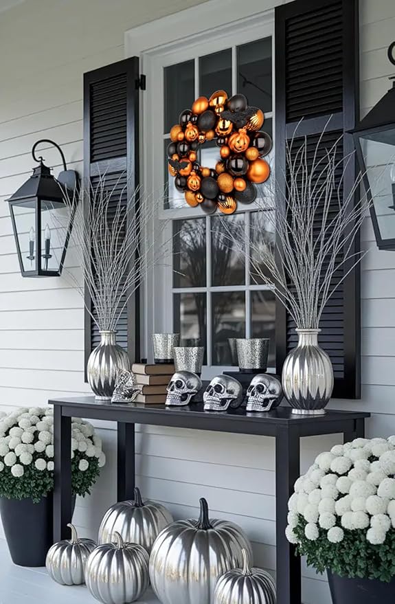 Halloween Wreath for Front Door, 13 inch Small Halloween Ball Wreath with Pumpkins Bats Shatterproof Front Door Wreaths Orange/Black Ball Ornament for Wall Mantel Porch Indoor Outdoor Decor