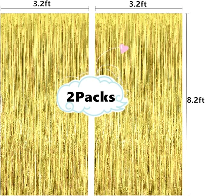 2 Pcs 3.2ft x 8.2ft Shiny Gold Metallic Tinsel Foil Fringe Curtains Photo Booth Backdrop for Birthday Wedding Holiday Celebration Bachelorette Party Decorations