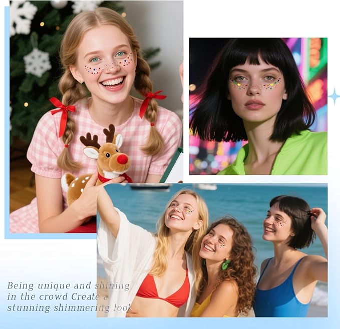 12pcs Rich Rainbow Color Glitter Freckles Face Tattoo, Waterproof Long Lasting Multicolor Speckles Patches for Women Kids, Cute Heart&Star Temporary Tattoo Makeup Rave Accessories for Festival