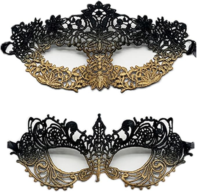 TFTSR Masquerade Masks for Women Couples & Men - Mardi Gras & Venetian Dress Mask in Black & Gold Adults Party Lace Costume