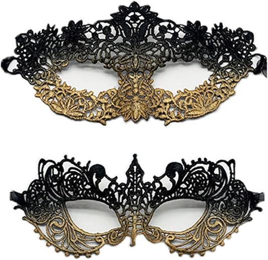 TFTSR Masquerade Masks for Women Couples & Men - Mardi Gras & Venetian Dress Mask in Black & Gold Adults Party Lace Costume