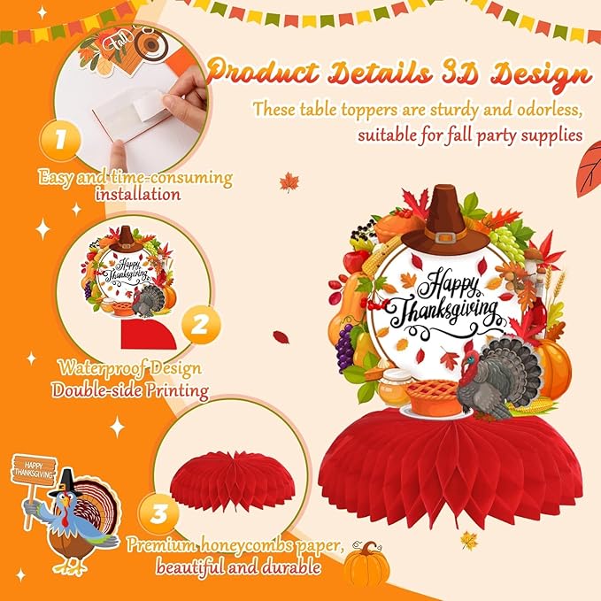 JULMELON 8Pcs Fall Party Decorations, Thanksgiving Table Decorations Honeycomb Centerpieces 3D Double Side Fall Festival Decor Turkey Pumpkin Table Toppers for Friendsgiving Family Party Favors