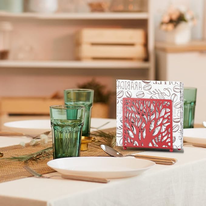 Farmhouse Red Napkin Holder for Tabletop Decor and Kitchen, Metal Table Napkin Holder Stand for Home Restaurant Picnic Party