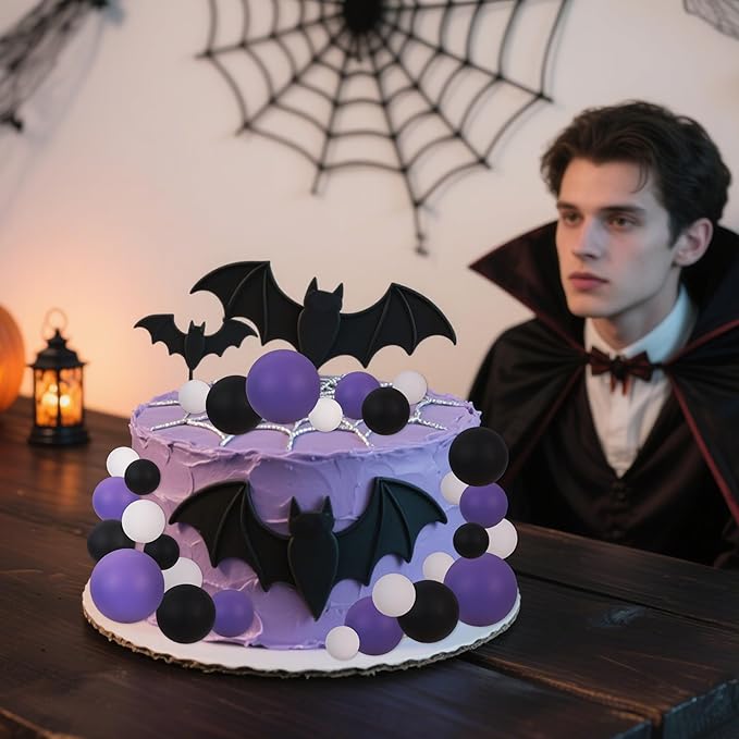 BEISHIDA 40 pcs Foam Ball Halloween Cake Toppers with Sticks Perfect for Halloween Cake Decorations Birthday Party Wednesday Theme Cake Decoration(Black, White, Purple)