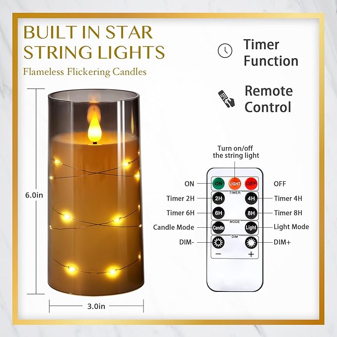 NURADA Flickering Flameless Candles: Built-in Star String Lights 3D Wick Acrylic Battery Operated LED Pillar Candles with Remote and Timer for Wedding Birthday Christmas Decor - Gray 2 Pack