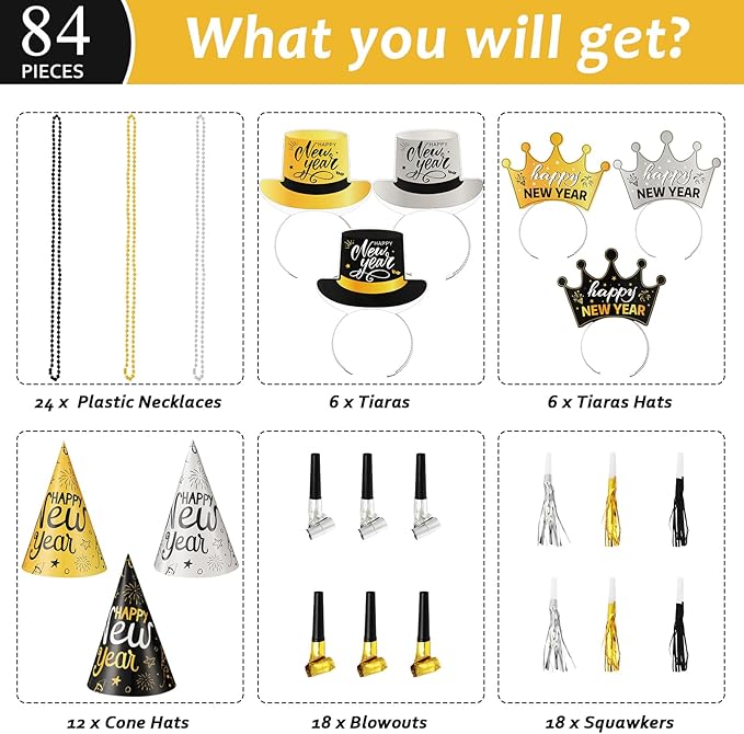 84Pcs New Year’s Eve Party Supplies for 24 Guest Black Gold Wearables Noisemakers 2026 Happy New Year Party Decoration include Cone Hats Tiaras Tassel Squawkers Beaded Necklace Great Party Favors