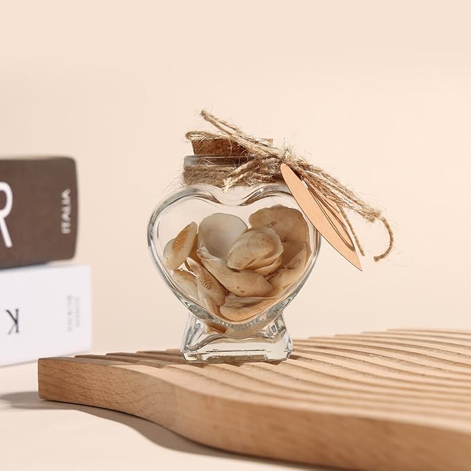 12 Pack 50ml Empty Clear Glass Heart-Shaped Bottles Decorative, Heart Glass Bottle with Cork Stopper, Labels & String, Magic Potion Bottles for Wedding Party, DIY Decoration & Wish Messages