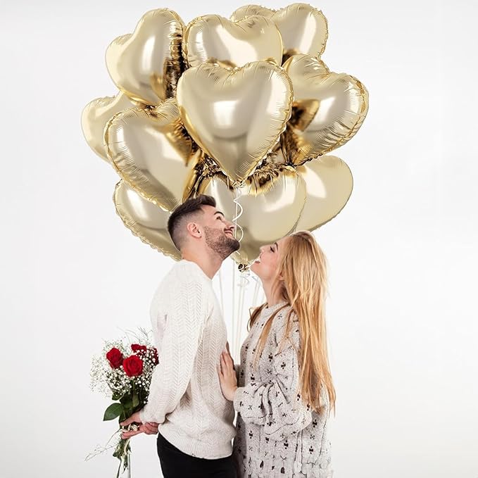 Pastel Gold Heart Balloons - 10 Pcs 18 Inch Light Yellow Foil Heart Mylar Balloons for Birthday, Wedding, Baby, Valentine's Party
