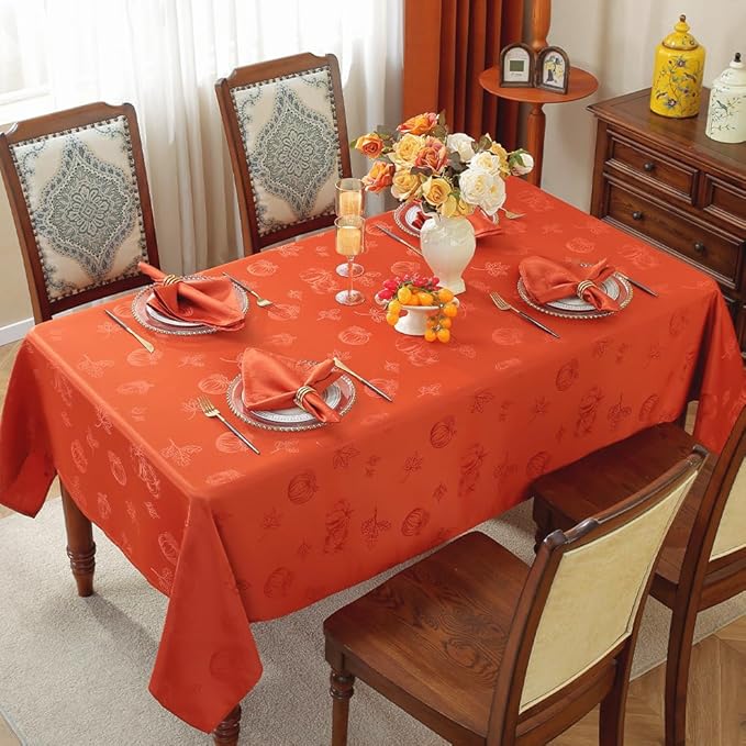 MATIRUG Fall Thanksgiving Table Cloth Rectangular 60x102 Inches, Pumpkin Jacquard Spillproof Wrinkle Free Tablecloths, Farmhouse Party Table Cover for Autumn Harvest/Burnt Orange