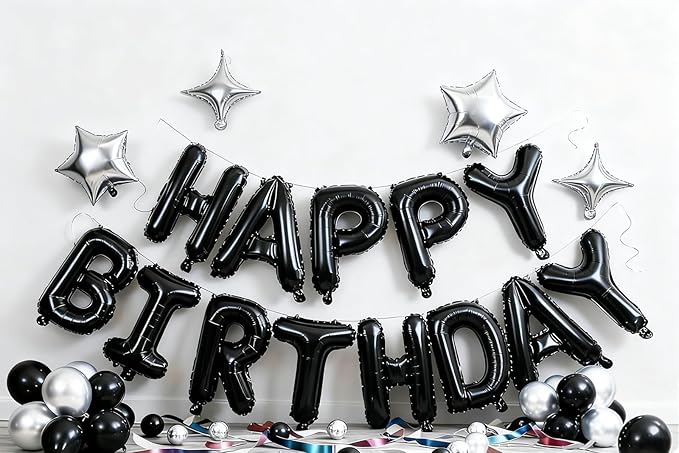 Black Happy Birthday Banner Balloon Aluminum Foil 16 Inch Letter,10 Inch Five Pointed Star Four Pointed Star Suitable for Kids, Men, Women, Boys and Girls Party Decoration Supplies