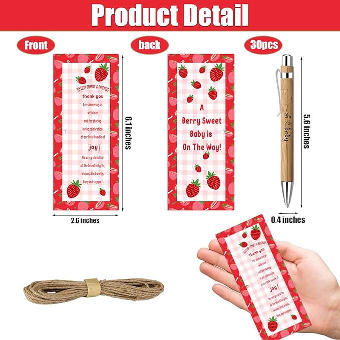 30 Pcs Baby Shower Gifts, Baby Shower Favors for 30 Guest Set Included Bamboo Pens Greeting Thank You Cards, Gender Reveal Souvenirs Prizes, Strawberry Gender Reveal Decor