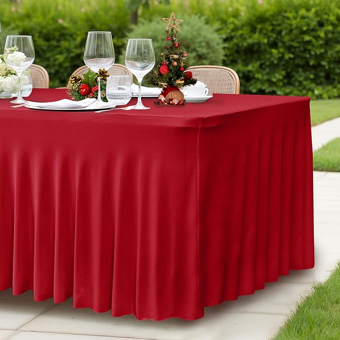 HolidayIdeas 2 Pack Red Spandex Table Skirts for 6 Foot Tables, Fitted Stretch 72 Inch Table Cover for Christmas Dinner, Buffet Table
