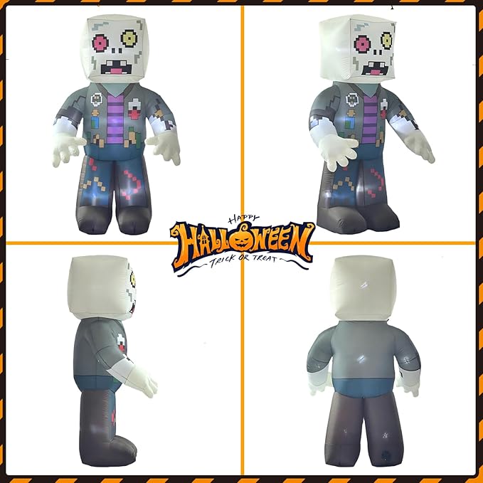 LANGXUN 8ft Pixel Zombie 2025 Halloween Inflatable Decoration - Giant Blow-Up Outdoor Indoor Cute Skeleton Ghost Yard Decor with LED Lights for Lawn, Garden, Patio Party Display