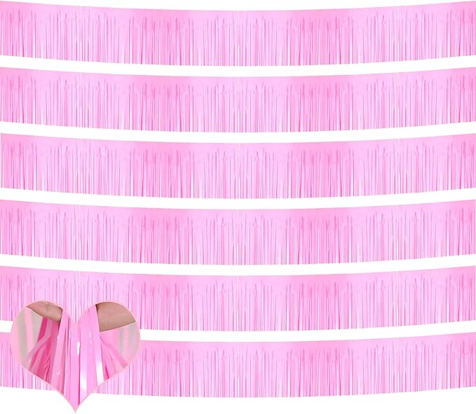 6 Pack 10 Feet Foil Fringe Garland Metallic Tinsel Banner Wall Hanging Curtain Streamers Backdrop for Parade Floats Bachelorette Wedding Birthday Party Thanksgiving Christmas Decorations(Pink)