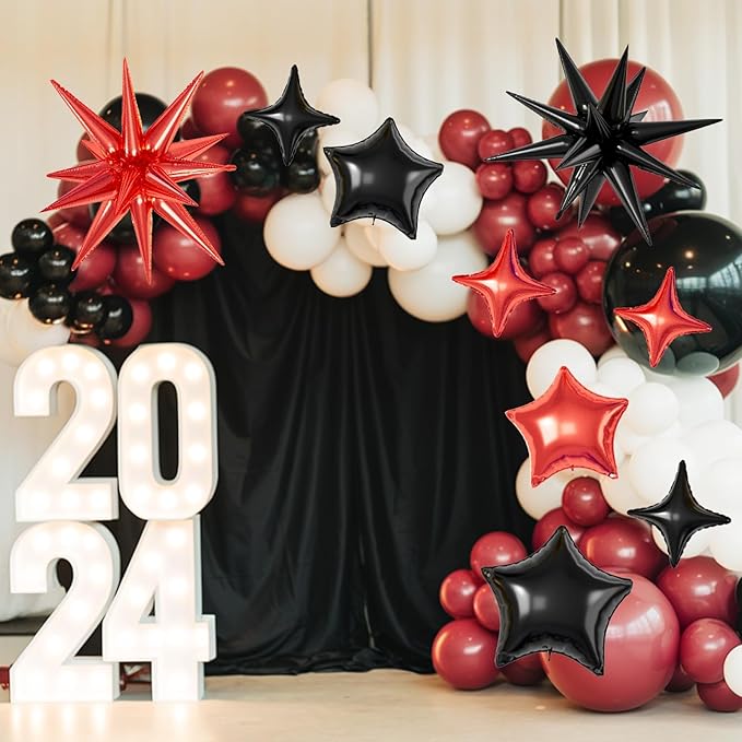 16 Pcs Red Black Star Balloons, 22/18/10 Inch Foil Balloons, Explosion Conee Four-Pointed Balloon for Kids Birthday Graduation Prom Wedding Baby Shower Casino Party Decorations