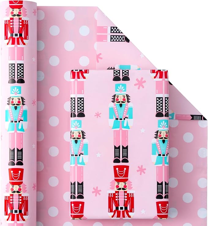 WRAPAHOLIC Reversible Christmas Wrapping Paper - Mini Roll - 17 Inch x 33 Feet - Pink Nutcracker Wrapping Paper and Polke Dot Design for Christmas, Holiday, Party Celebration