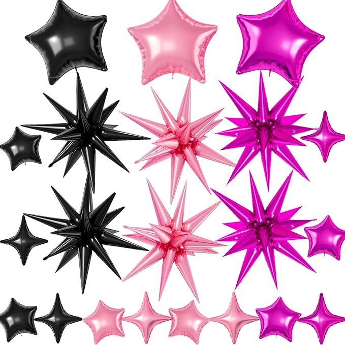 21 Pcs Star Balloons,22/18/10 Inch Star Foil Mylar Balloon,Spike Balloon and Four Pointed Balloons for Party Supplies Christmas Birthday Wedding Photo Booth (Black Pink Hot Pink)