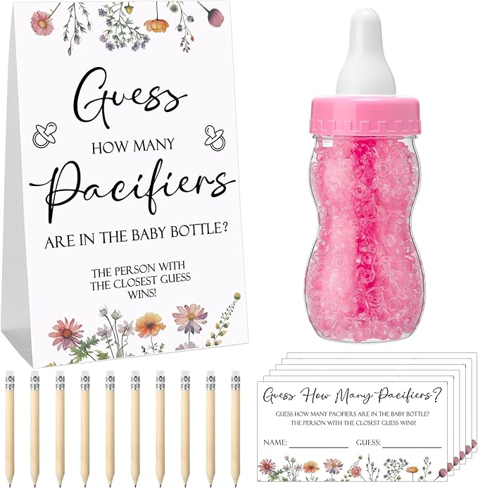 Roowest 512 Pcs Baby Shower Games Guess How Many Pacifiers Sign 100 Small Guessing Games 10 HB Pencils 750ml Milk Bottle 400 Acrylic Pacifiers Decoration for Guest Gender Reveal(Pink,Wild Flower)