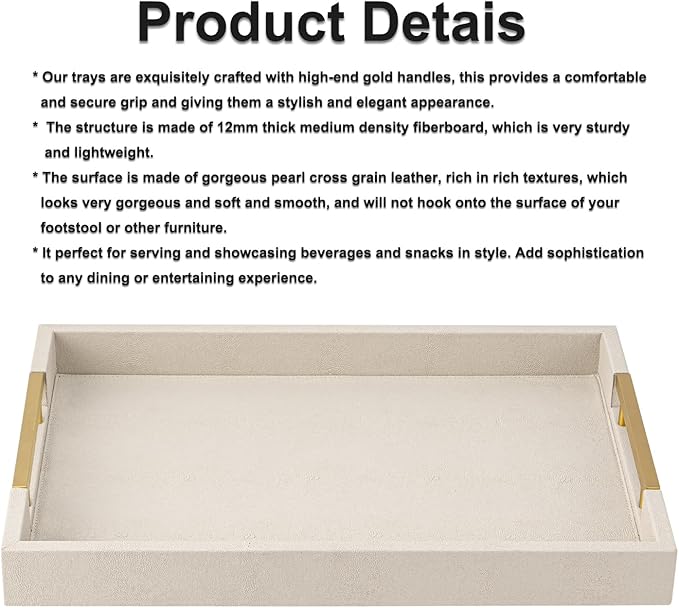 Beige Faux Leather Serving Tray with Handles – Large Decorative Tray for Coffee Table, Ottoman, Living Room, Bathroom – Home Decor