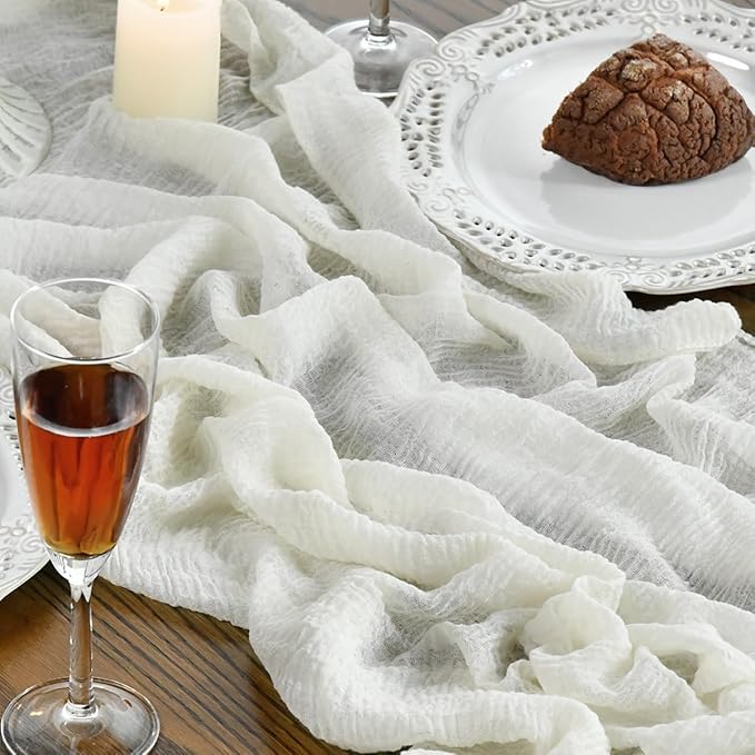 Artoid Mode Boho Cheesecloth Gauze Ivory Wedding Table Runner, 120 Inch Seasonal Fabric Kitchen Dining Holiday Table Decor for Home Party Indoor