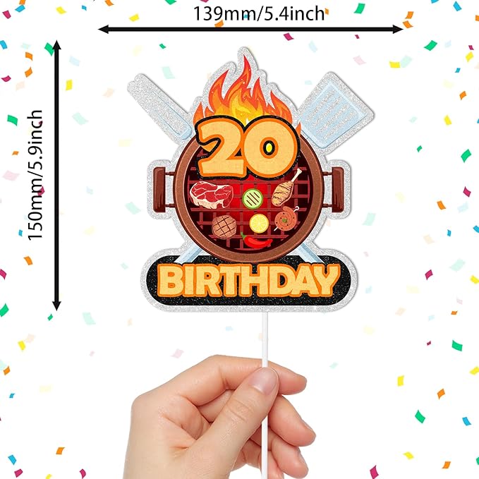 Barbecue Cake Topper 20th Birthday Happy BBQ Sausage Decorations for Men and Women Birthday Party, Summer Outdoor Picnic Party, Anniversary Friends Family Event Gathering Cooking Grill Decoration