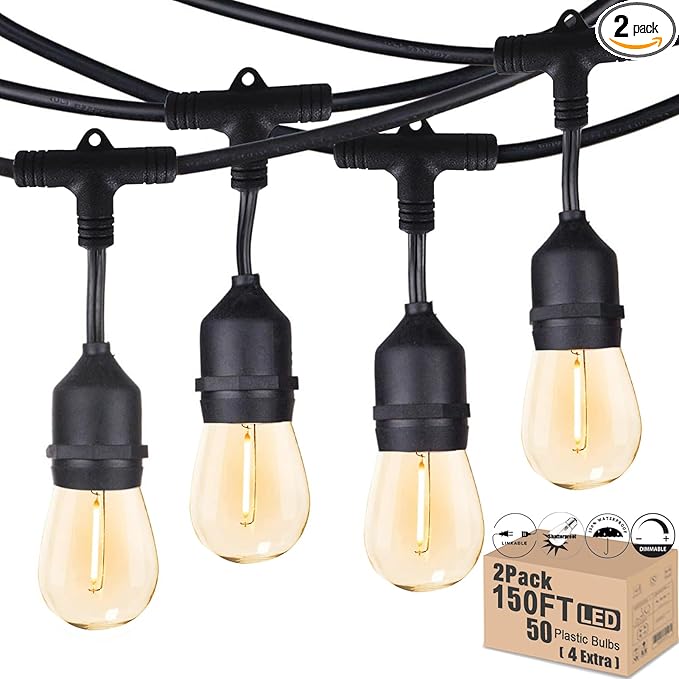 Outdoor String Lights LED 150FT Waterproof Heavy-Duty Patio Lights String with 50 Dimmable Shatterproof Plastic Edison Bulbs(4 Extra) for Gazebo Pergola Bistro Lights Connectable