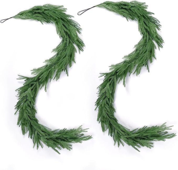 2 Pcs Artificial Norfolk Pine Garlands, Christmas Real Touch Winter Pine Garland, Green Artificial Greenery Cedar Garland for Mantle, Table, Wall, Indoor, Outdoor Christmas Decorations
