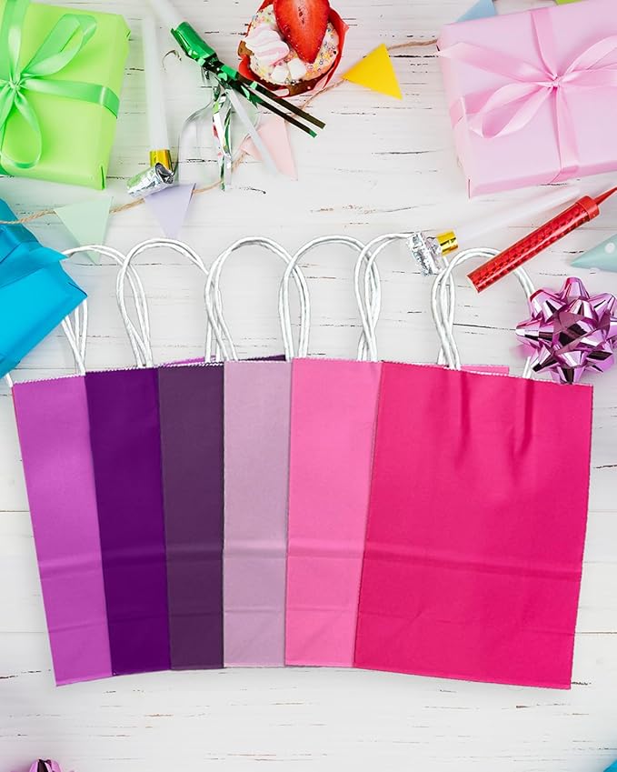 qiqee 30PCS Medium Gift Bag with Handles Bulk 11"x5"x8" Gift Bags 6 Different Pink ＆ Purple Color Bags Multiple Uses (Medium Size)