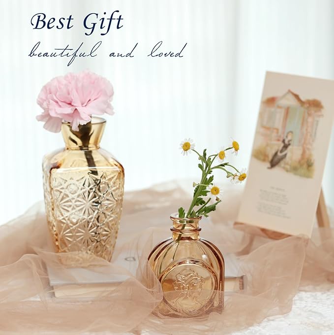 Bud Vases Set of 40 Pcs,Small Flower Vases for Centerpieces,Glass Bud Vase in Bulk,Vintage Bud Vase for Wedding Table Centerpieces Decoration, Home Table Party Decor, Christmas,Anniversary,Gold Amber