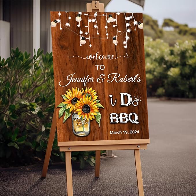 I Do BBQ Couples Shower Welcome Sign - Sunflowers Faux Wood Decoration for Barbeque