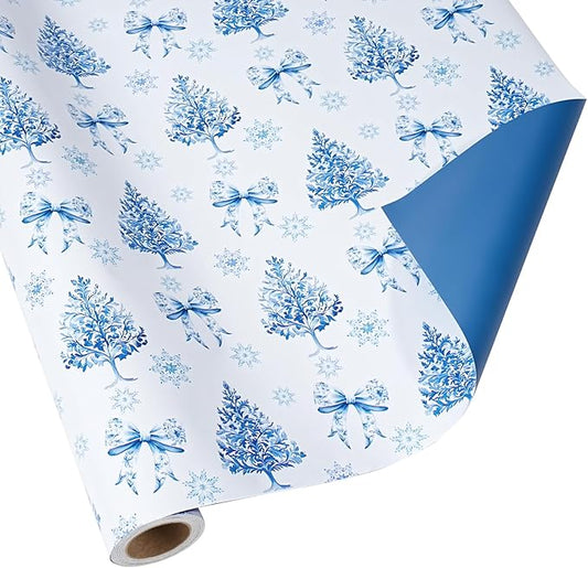 BIOBROWN Reversible Christmas Wrapping Paper - 17 Inch X 33 Feet (46.7 sq. ft. ttl.) - Holiday Trees and Bow Design Perfect for Xmas, Party, Holiday Gift Wrap