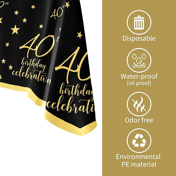 Gatherfun 40th Birthday Disposable Tablecloth 4 Pack Gold and Black Waterproof Plastic Table Cover for Men Woman 40 Birthday Party Decorations