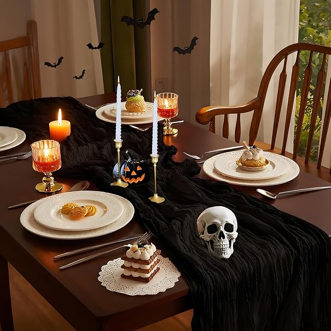 IVAPUPU 10 Pcs Cheesecloth Halloween Table Runner - 10ft Black Boho Gauze Black Cheese Cloth Table Runners for Halloween Decor Indoor Baby Shower Decoration Wedding Party Summer Garden Farmhouse