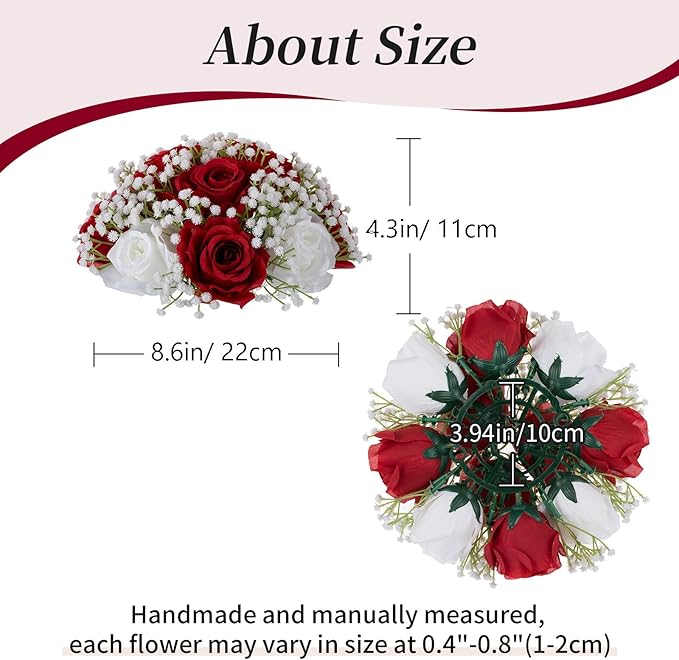 BLOSMON Fake Flowers Ball Wedding Centerpieces 10 Pcs Crimson Rose Babys Breath Artificial Flowers Center Pieces Decoration for Table Silk Kissing Floral Bouquet Arrangements for Home Party DIY Decor