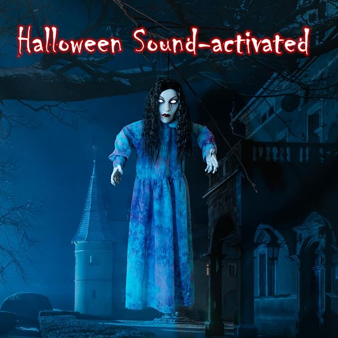 HollyHOME Halloween Hanging Ghost Girl with Glowing Eyes, Creepy Sound and Shaking Body Halloween Decorations Outdoor Scary Haunted House Prop 43’’