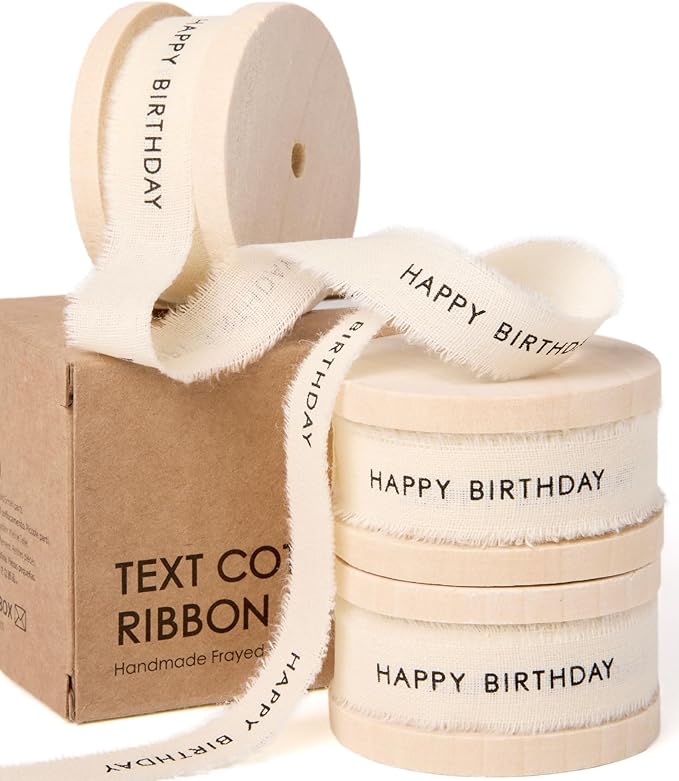 Vitalizart Happy Birthday Cotton Ribbon 5/8 Inch Cream White Natural Handmade Frayed Fringe Ribbons 15 Yd 3 Rolls for Birthday Party Event Gift Wrapping Flower Bouquet Decor