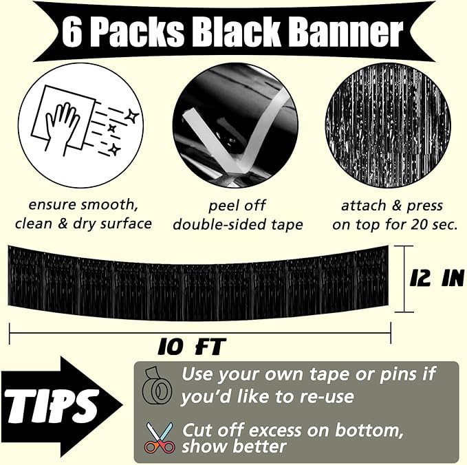 6 Pack 10 Feet 2024 New Year Foil Fringe Garland Metallic Tinsel Banner Wall Hanging Curtain Streamers Backdrop for Parade Floats Bachelorette Wedding Birthday Party Christmas Decorations(Black)
