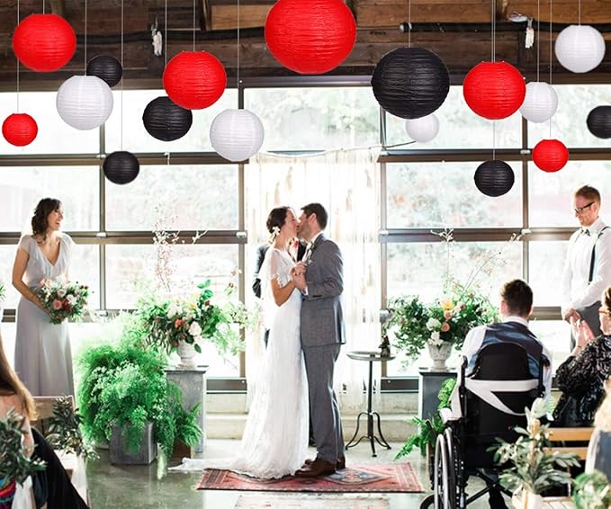 24pcs Hanging Round Paper Lanterns for Wedding Birthday Party Baby Showers Decoration Black/Red