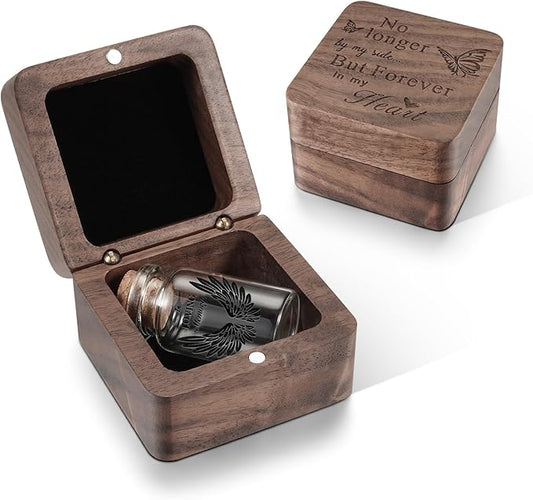 SOITIS Wooden Box for Ashes - Small Glass Urn for Human Ashes Keepsake, Mini Urns for Ashes Cremation Holder, Funeral Keepsake for Women Men - Black Wings Urn