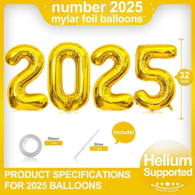 Gold 2025 Balloons, Giant 32 Inch Gold 2025 Number Balloons,2025 Happy New Year Gold Balloons for New Year Eve Party Supplies 2025, New Years Decorations 2025, Christmas, Graduations Decorations