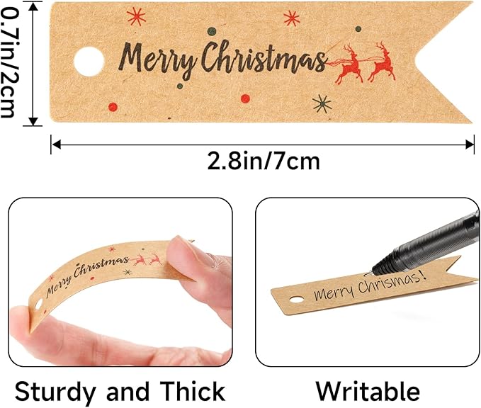 G2PLUS Small Merry Christmas Tags - 100Pcs Deer Kraft Paper Gift Tags with String for Gift Wrapping, Goodies Bags, Christmas Holiday Party Favors(2.8''x0.8'')