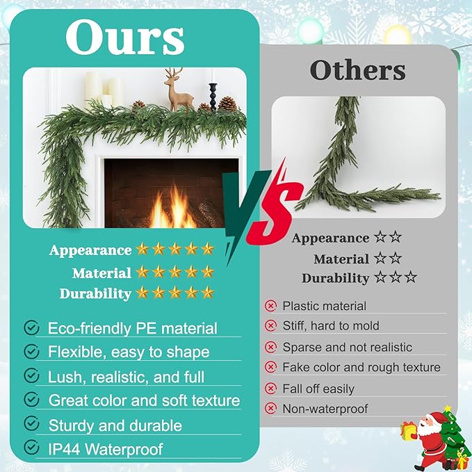 9FT Norfolk Pine Garland, Real Touch Artificial Long Greenery Christmas Garlands for Table, Mantle, Wall, Stairs, Fireplace, Indoor & Outdoor Xmas Holiday Decorations (1 Pcs)