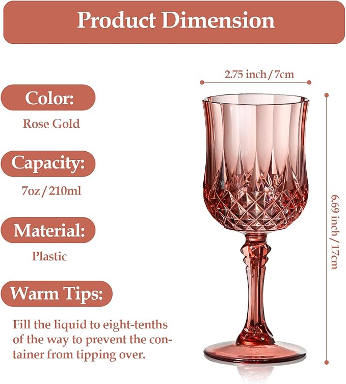 XUWAIDSGN 24 Pcs 7oz Plastic Vintage Wine Glasses Drinking Glasses Unbreakable Wedding Glassware Crystal Water Goblets Reusable Drinkware Vintage Champagne Flutes (24, Rose Gold)