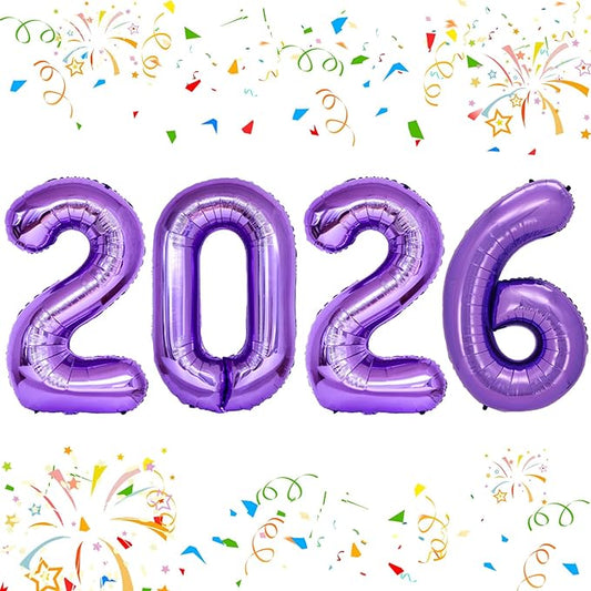 KALOR 42 Inch 2026 Purple Mylar Number Balloons, 2026 New Years Foil Balloon for 2026 Happy New Year Eve and Graduations Decorations Party Supplies