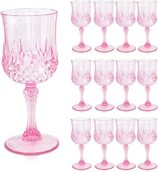 12 Pcs Pink Plastic Wine Glasses, Plastic Goblets Vintage Style Cordial Glasses Drinking Glasses Pink Goblets For Home, Office, Bars, Wedding, Ribbed (7 oz)