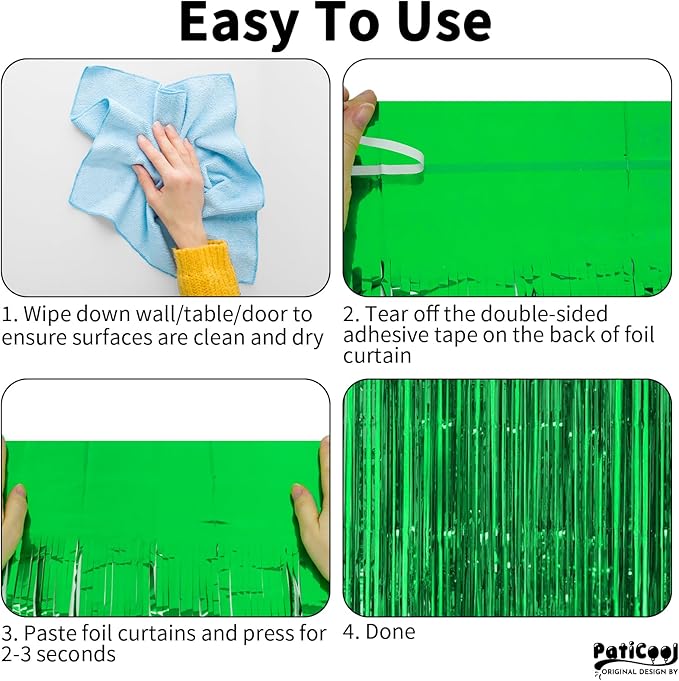 Football Party Decorations Green Streamers - Thicken 4 Pack 3.2 x 8.2 FT - Tinsel Foil Fringe Curtains Party Backdrop for Birthday, Dinosaur, Jungle, Christmas, Golf Party Decorations