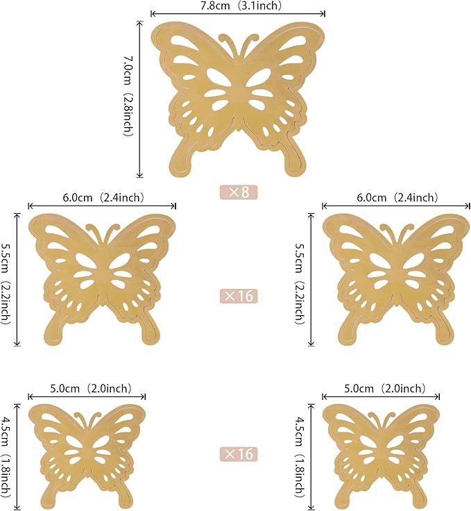 40 PCS Champagne Gold Lively 3D Butterfly Cupcake Toppers Mixed Size Hollow Art Butterfly Cupcake Topper Baby Shower Wedding Anniversary Birthday Party Cake Wall Decorations Supplies